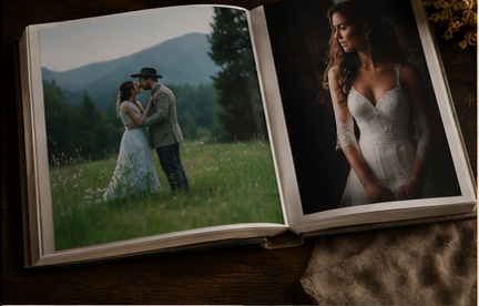 Open wedding photo album displaying a couple embracing in a mountain meadow and a bride portrait.