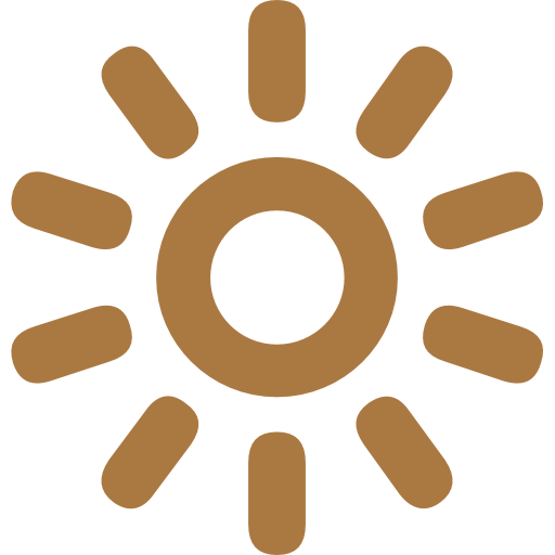 A bold golden brown sun icon with rounded rays on a clean white background.