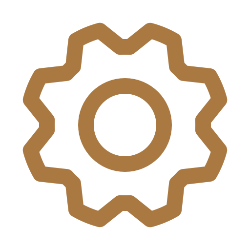Gold minimalist gear or settings icon with a circular center and jagged outer edge, representing configuration.