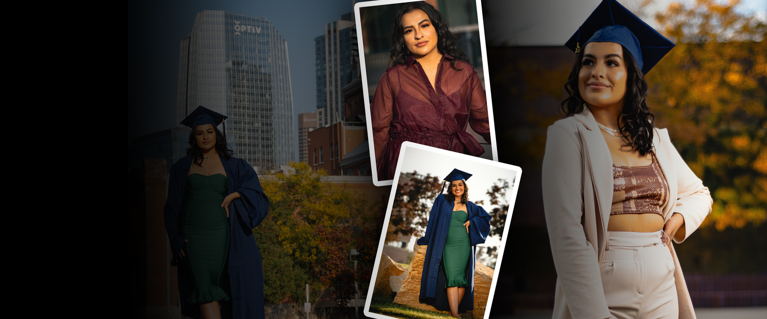 A collage of three graduation photos featuring a young woman in cap and gown and stylish outfits.