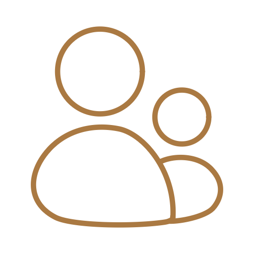 Golden outline icon of an adult and child figure representing family or parenting.