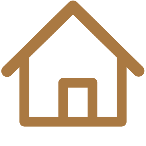 Gold outlined house icon on white background, representing home navigation in a minimalist design.