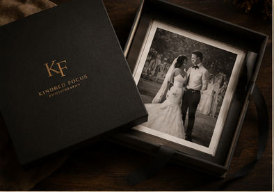 Luxury Kindred Focus Photography wedding photo print presented in a black keepsake gift box.