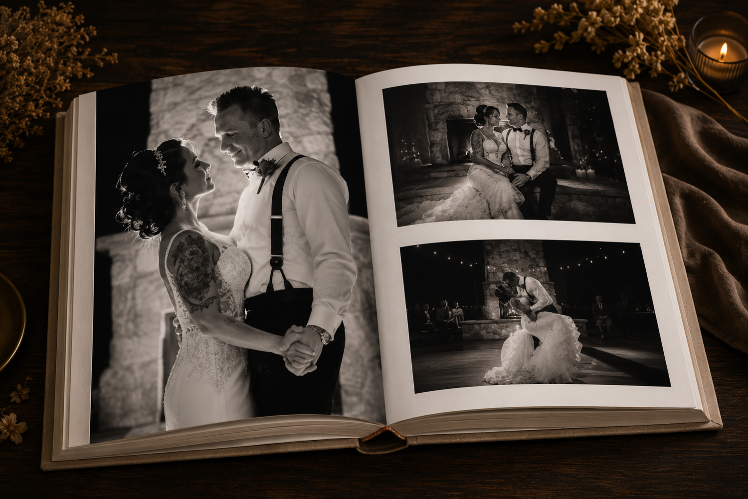 Open wedding album showing black and white photos of couple sharing romantic moments at elegant venue.