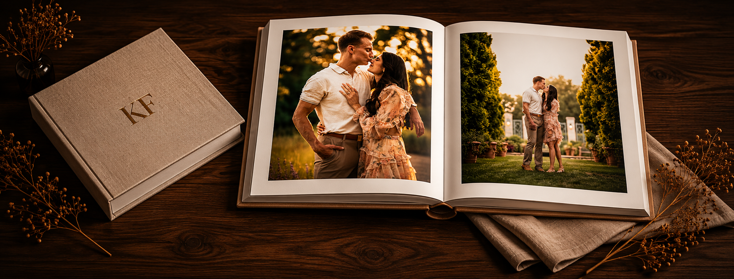 Open wedding photo album on wooden table beside elegant monogrammed keepsake box.