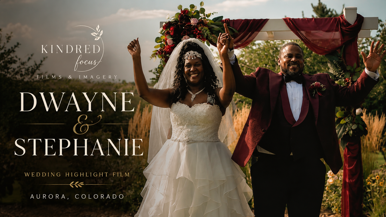 Dwayne and Stephanie wedding highlight film thumbnail from Kindred Focus Films in Aurora, Colorado, showing joyful couple.