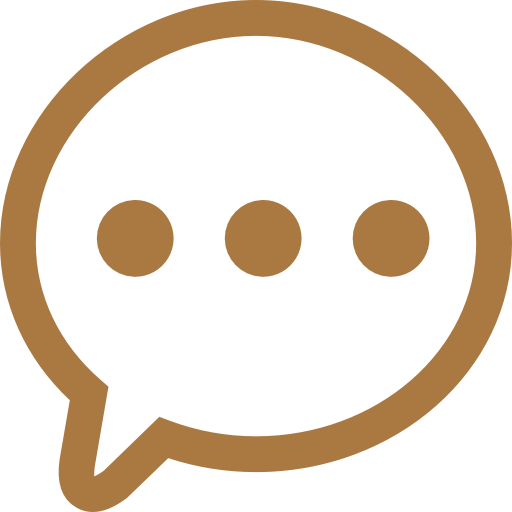Golden brown speech bubble chat icon with three dots on white.