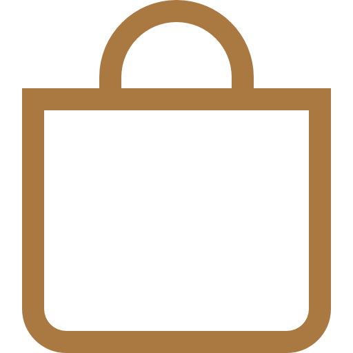 Gold minimalist shopping bag icon with a rounded handle, representing retail or e-commerce.