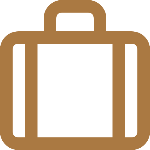 Gold minimalist suitcase icon with a handle and side panels, representing travel or luggage.