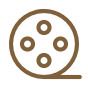 Brown outlined film reel icon on white background.