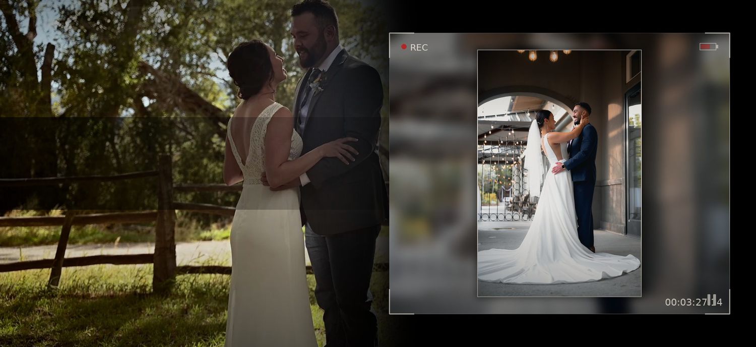 Bride and groom share romantic outdoor wedding moments, with elegant white gown and candid portrait collage.