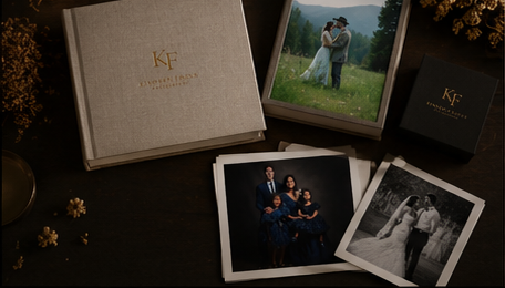 Kindred Focus Photography luxury photo boxes with wedding and family portrait prints on dark background.