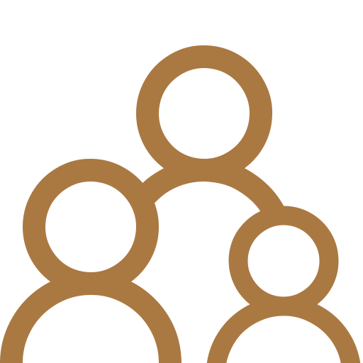 Gold icon illustration of three people representing a family or group symbol on white background.