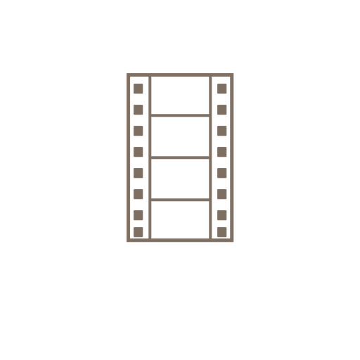 A minimalist line art film strip icon in warm taupe color on a clean white background.