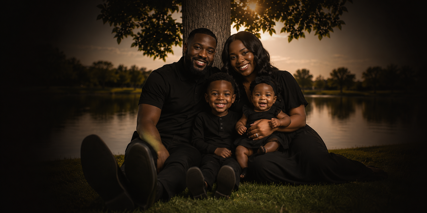 Happy Black family in matching black outfits sitting together under a tree by a lake at sunset.