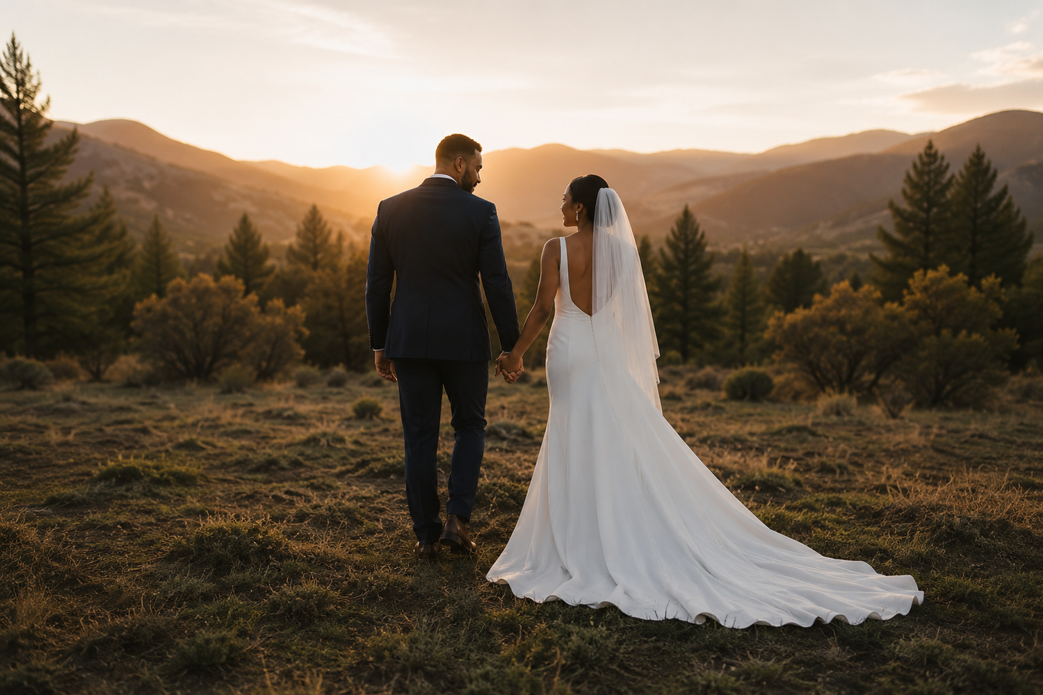 Bride and groom holding hands walking toward a stunning mountain sunset.