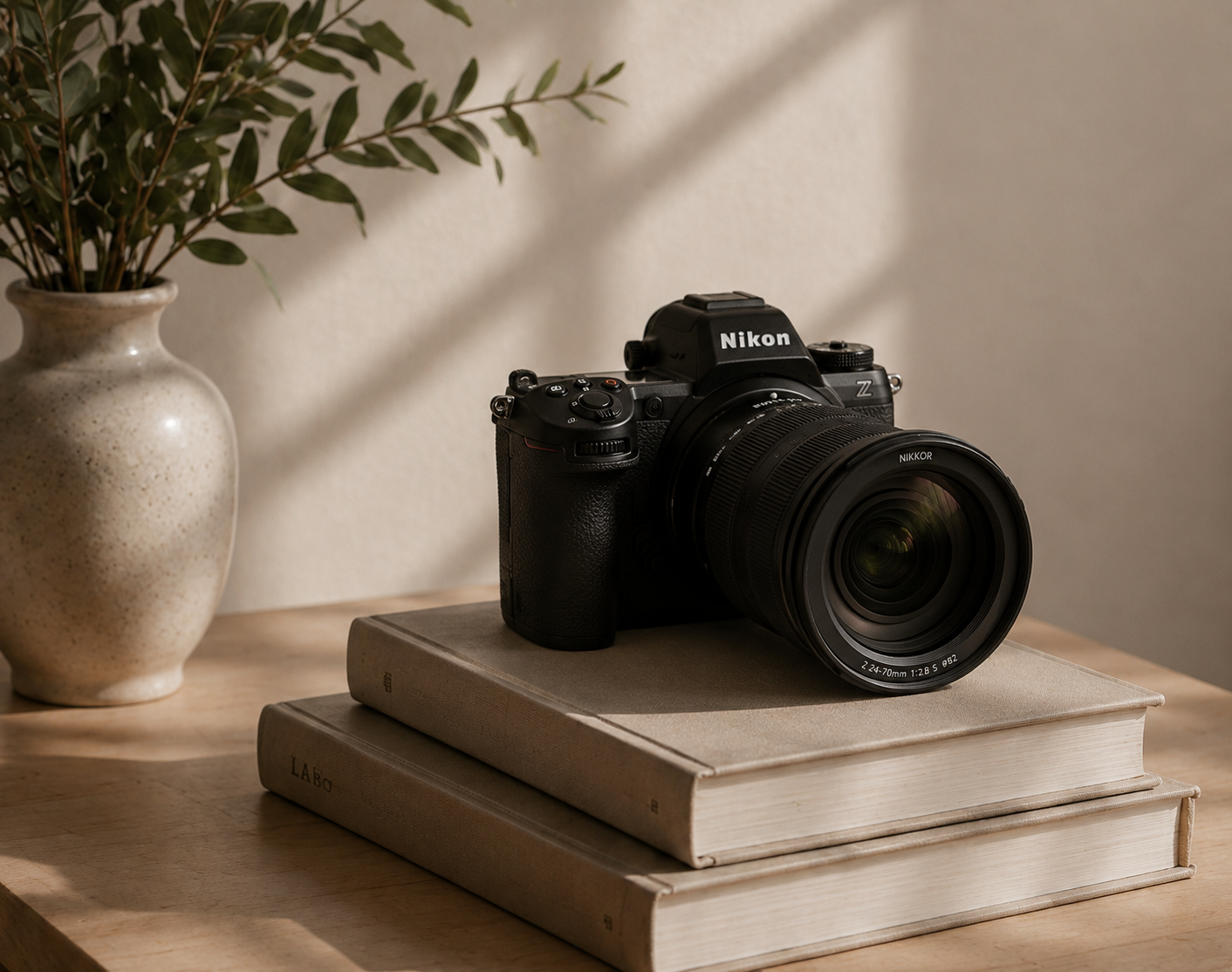 Nikon mirrorless camera resting on stacked books beside a ceramic vase with green branches on a wooden table.
