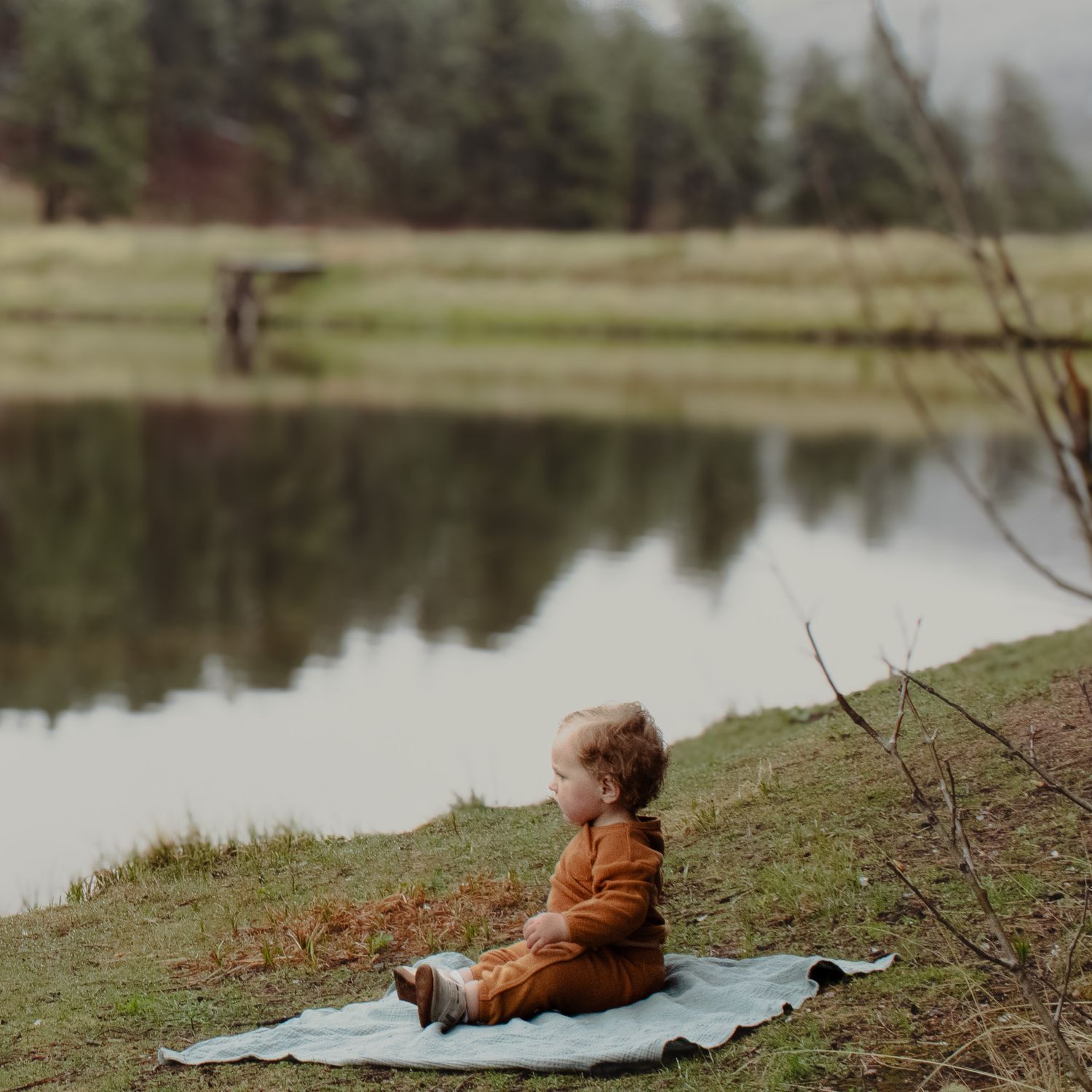 A toddler in a rust-colored outfit sits on a blanket by a peaceful pond surrounded by green meadows.
