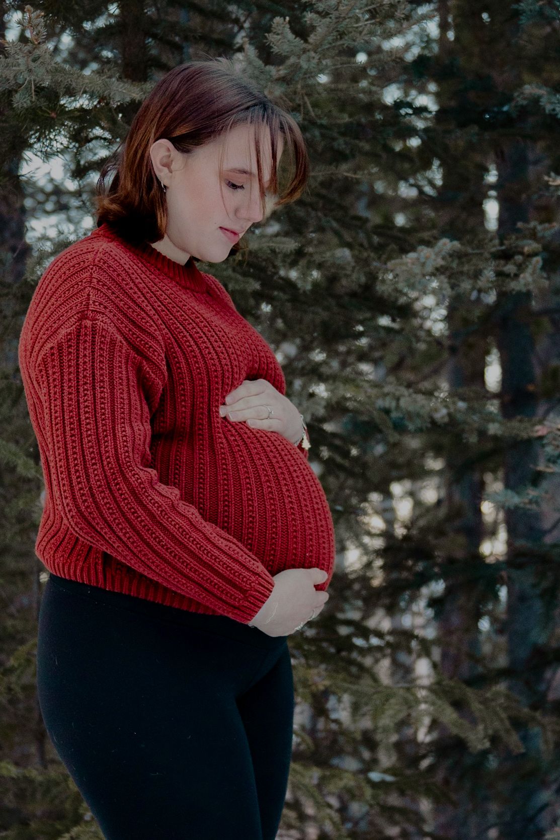 Pregnant woman in red sweater cradling baby bump outdoors among pine trees.