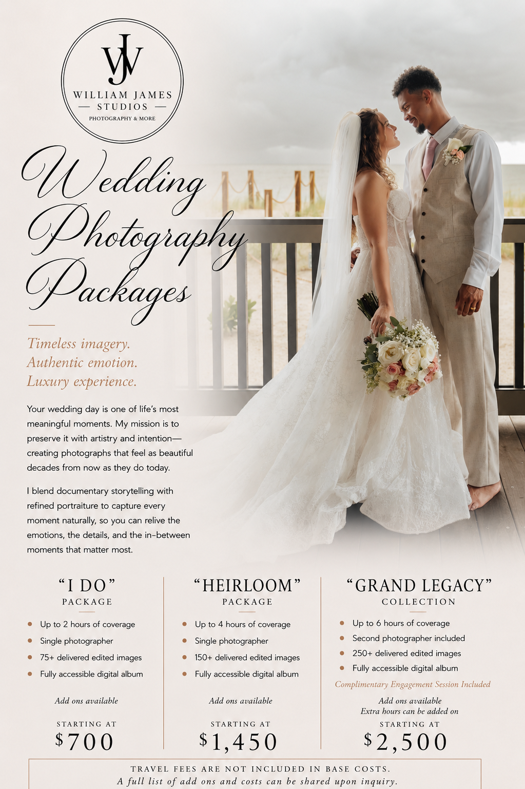 Elegant wedding photography packages flyer featuring a couple embracing on a balcony, showcasing luxury portrait services.