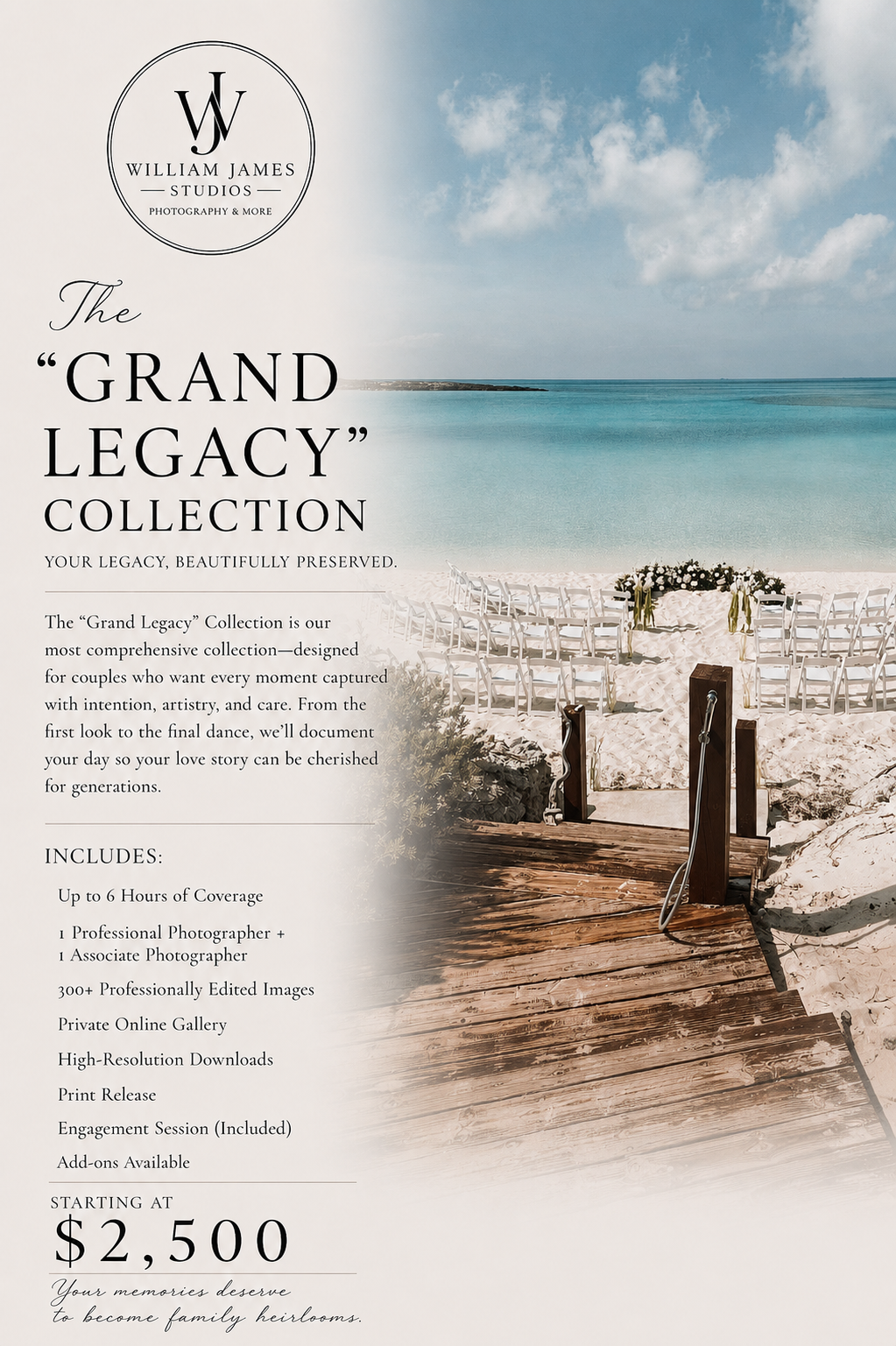 William James Studios Grand Legacy Collection wedding photography package starting at $2,500, featuring beachside ceremony setup.