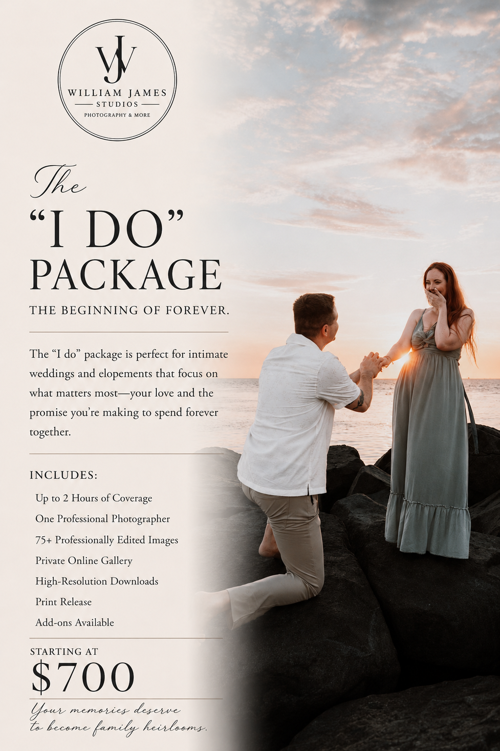A couple shares a romantic proposal on rocky shores at sunset, featured in William James Studios wedding photography package ad.