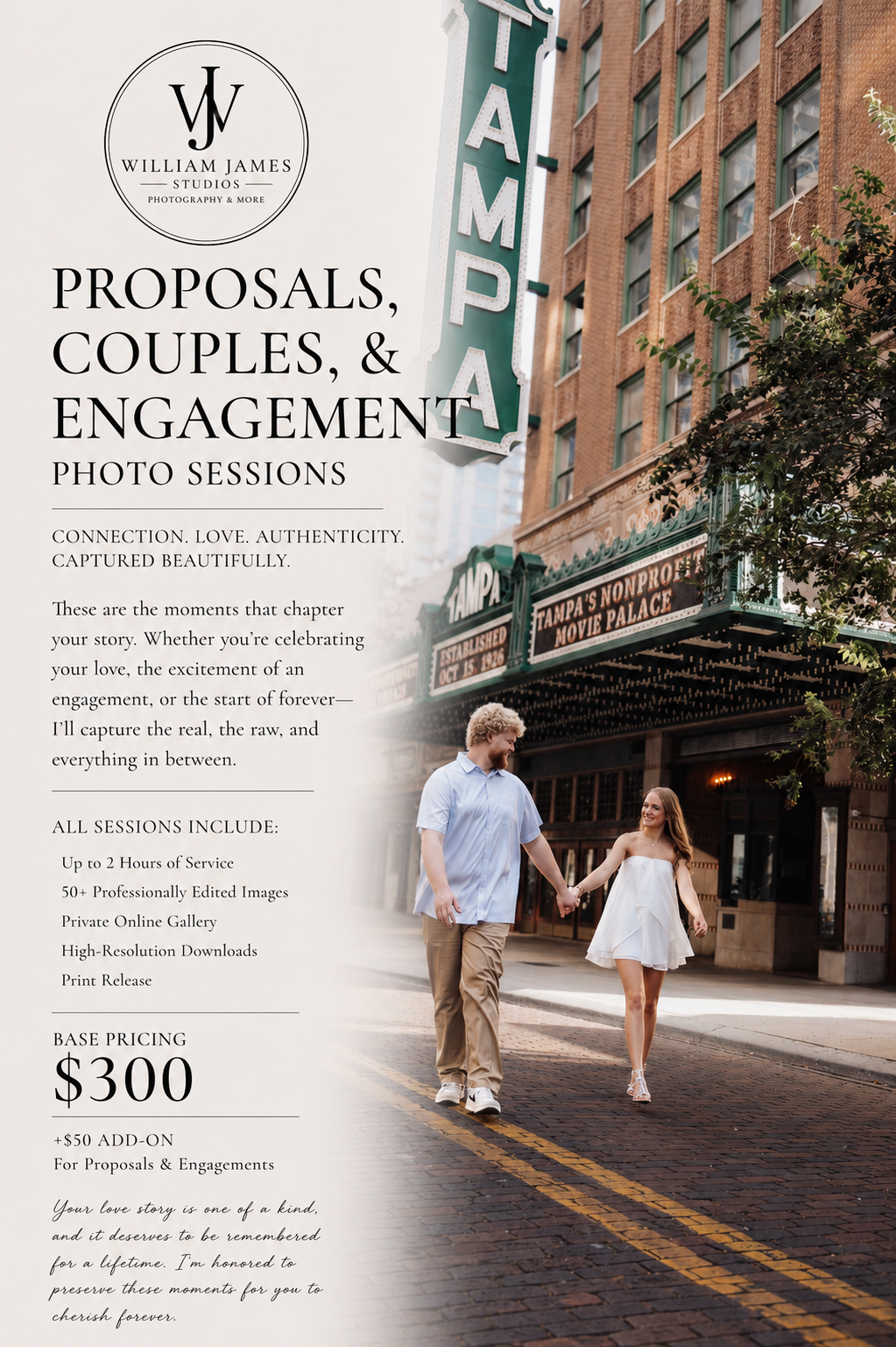 William James Studios promotional flyer for couples and engagement photo sessions in Tampa, featuring a couple walking downtown.