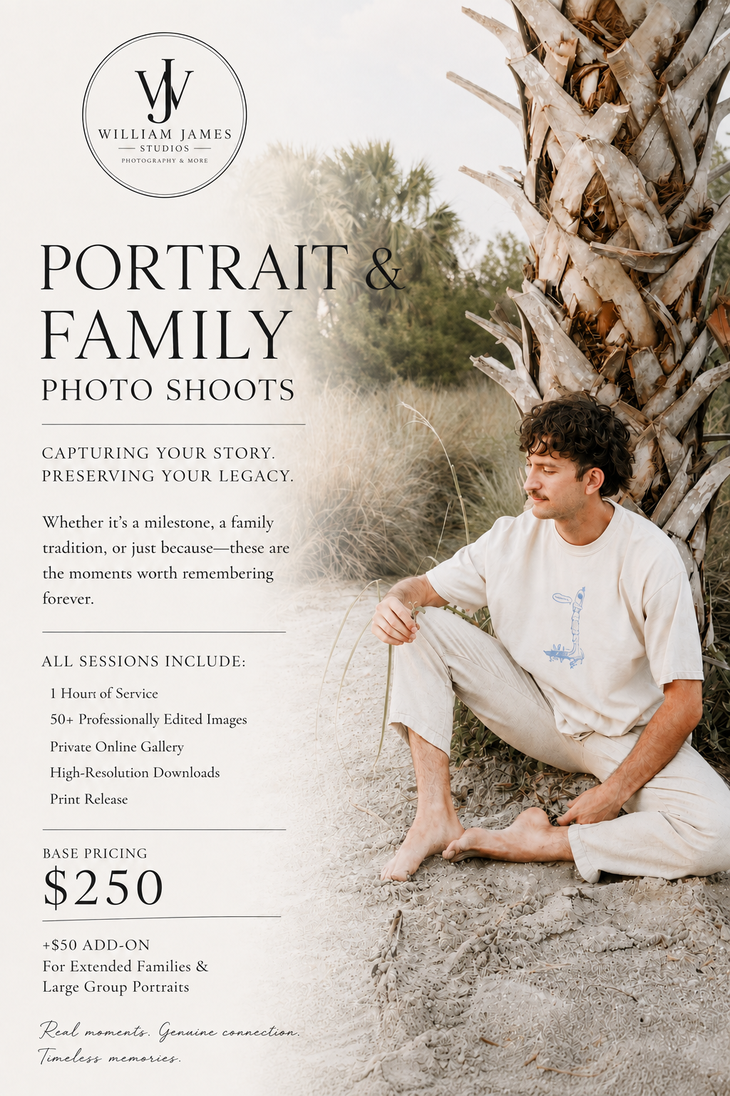 William James Studios portrait and family photo shoot promotional flyer featuring a young man sitting by a palm tree outdoors.