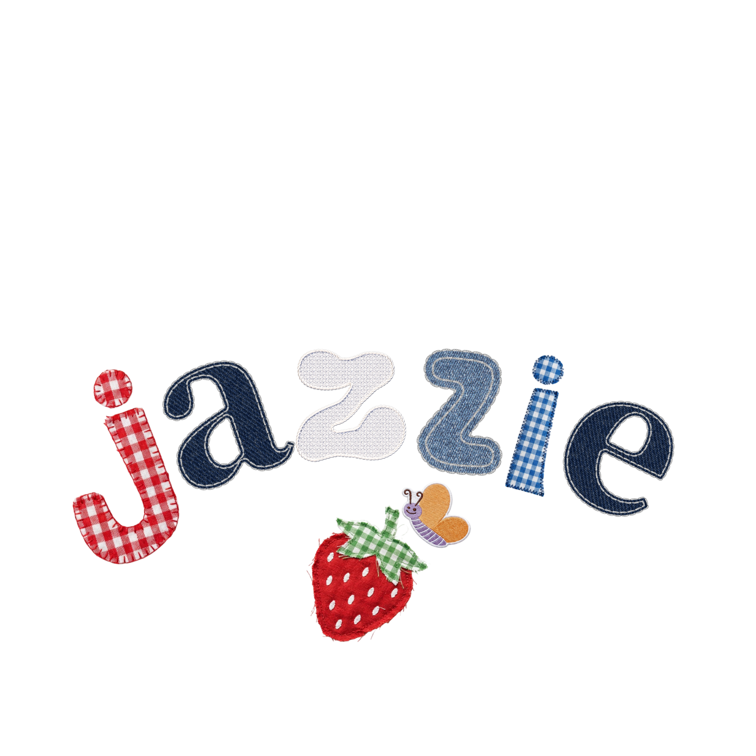 Colorful patchwork fabric applique letters spelling jazzie with a strawberry embroidery design on white background.