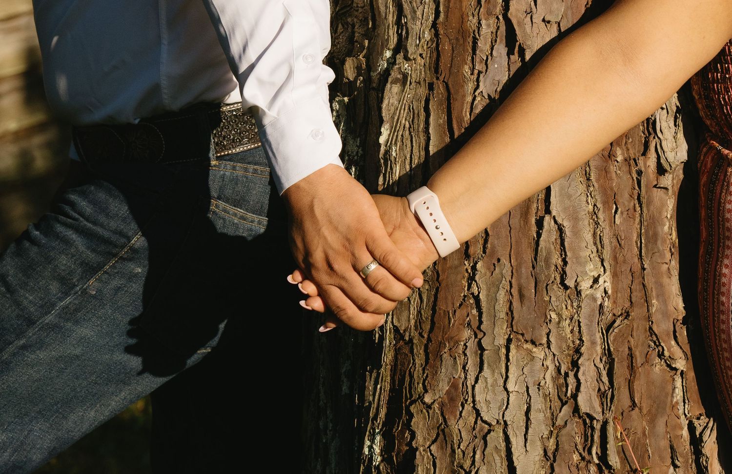 Couple holding hands near a tree trunk outdoors in warm golden light.
