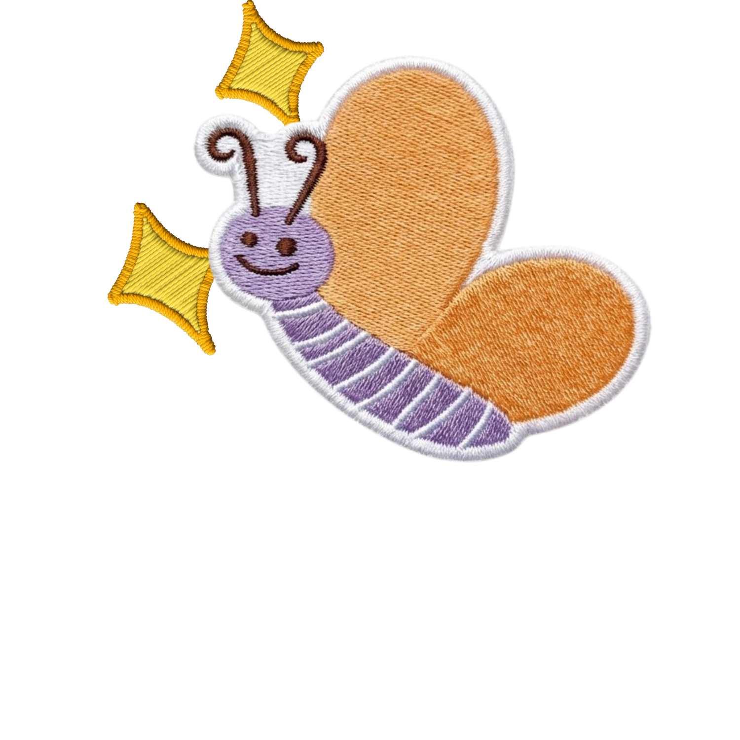 A cute embroidered butterfly patch with orange wings, purple striped body, and golden star accents on white background.