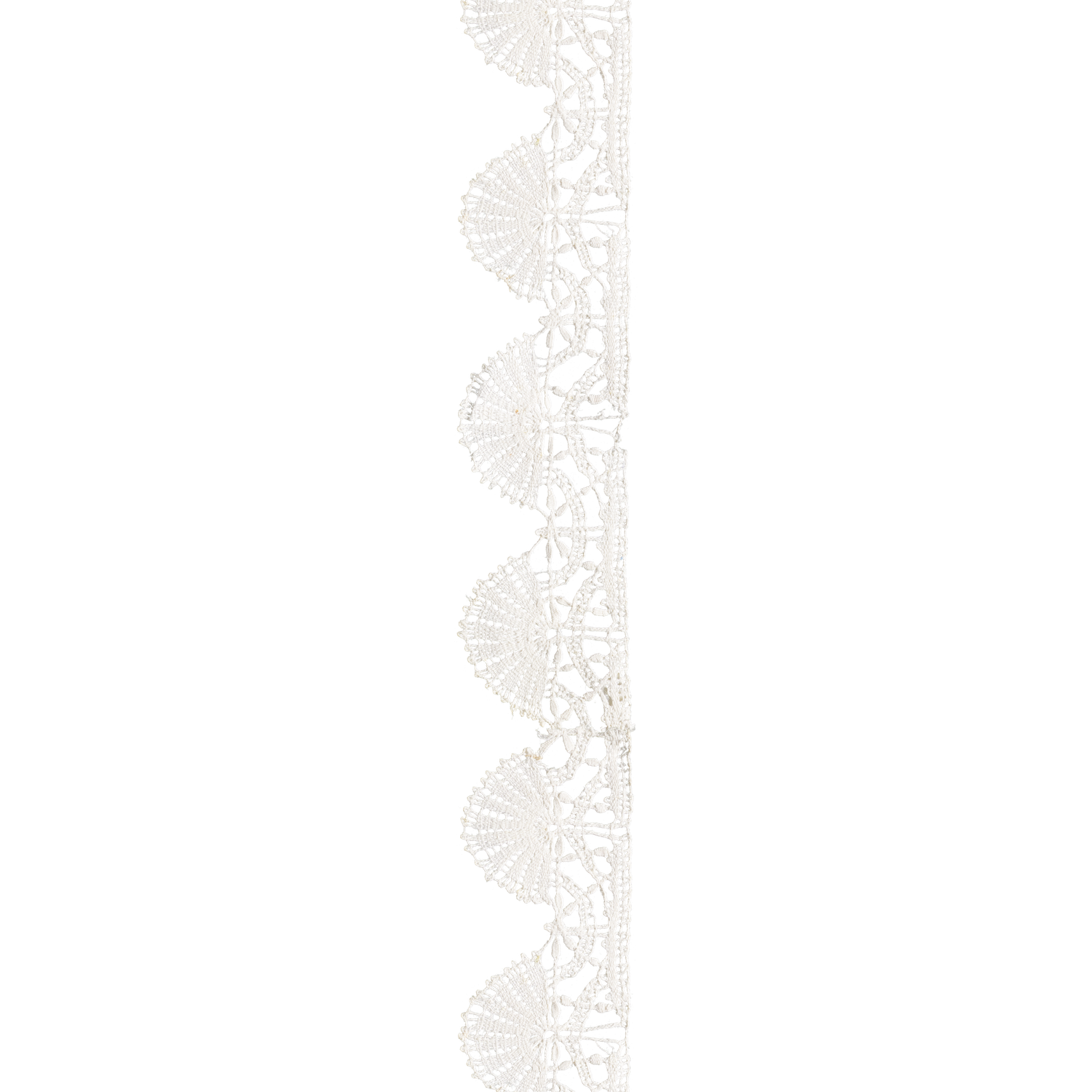 A delicate white lace trim border with scalloped edges and floral embroidery pattern on white background.