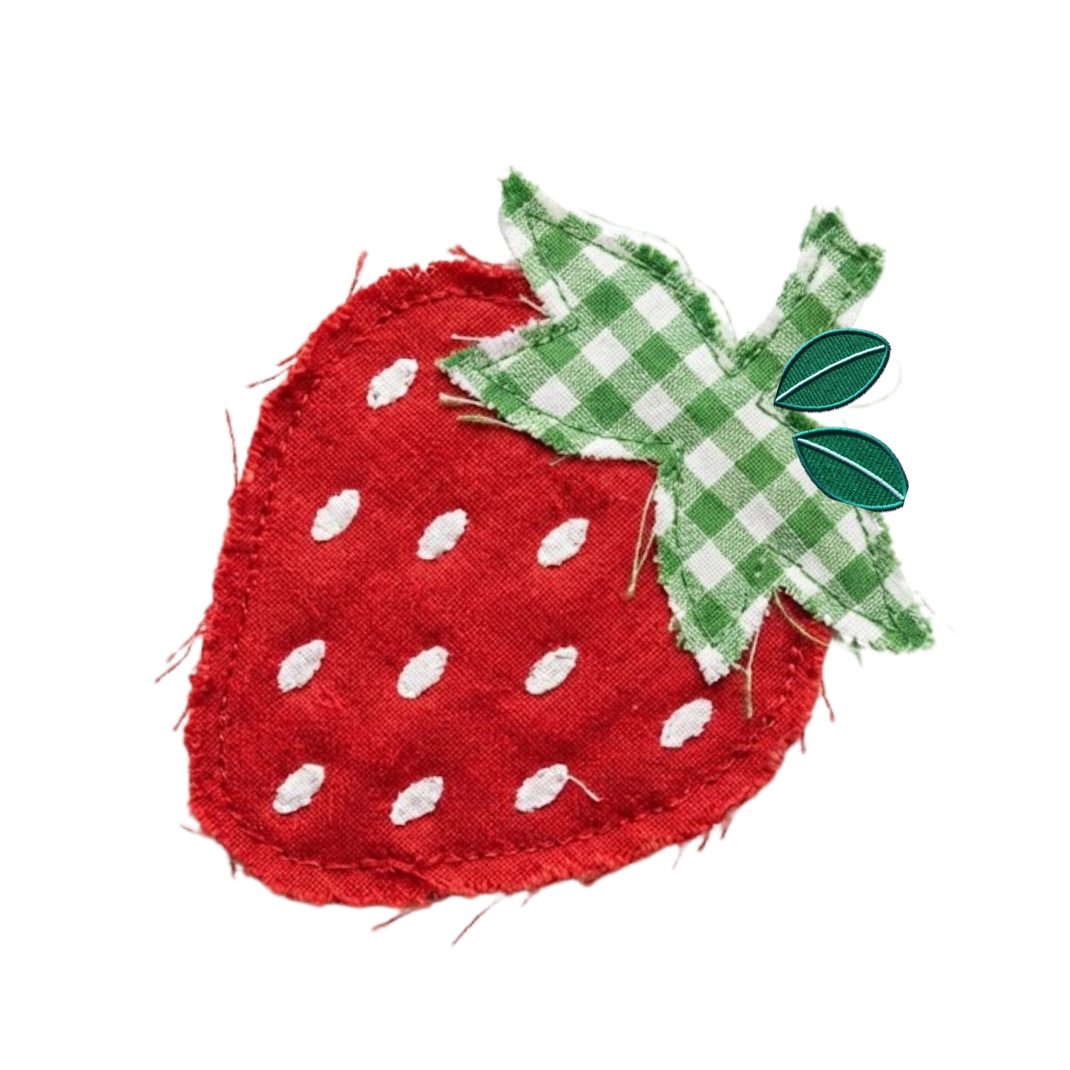A handcrafted fabric strawberry applique with red textile body and green gingham check leaves on white background.