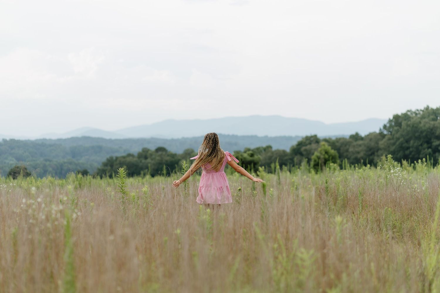 A girl in a pink dress stands with arms outstretched in a tall grass meadow with mountain views.