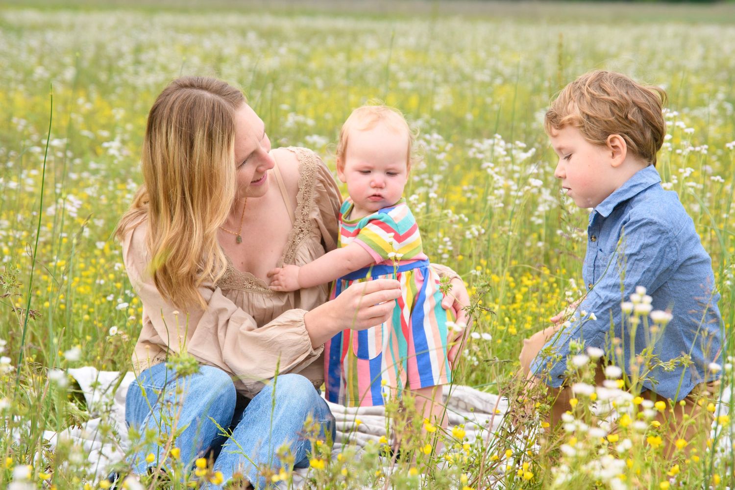 Mother with baby and young boy sitting in a wildflower meadow on a sunny day.