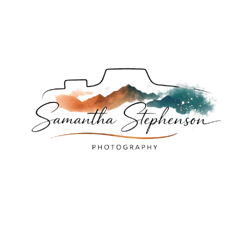 Samantha Stephenson Photography logo featuring watercolor mountains and camera outline in teal and orange tones.