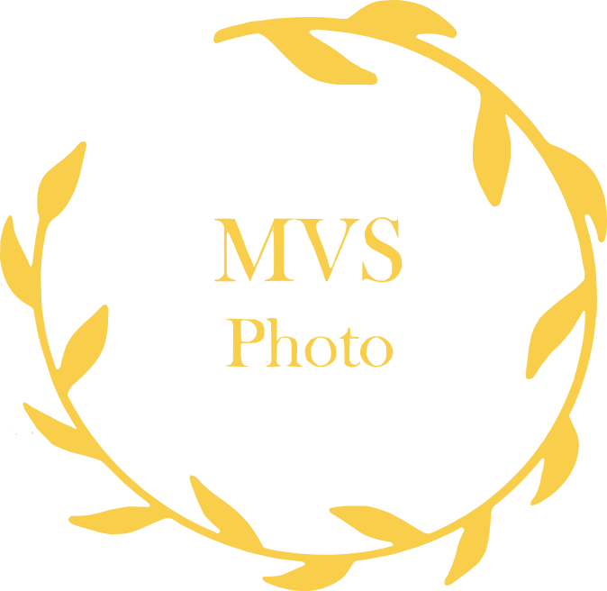 Golden laurel wreath logo with MVS Photo text in elegant yellow typography on white background.