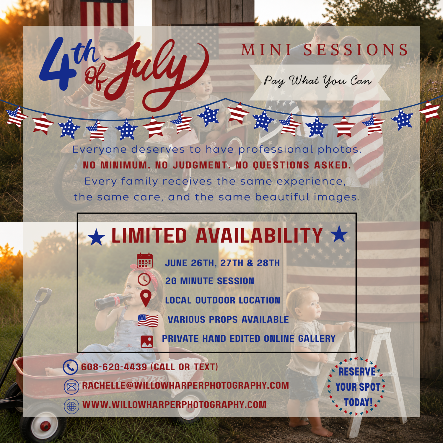 4th of July mini photography sessions flyer with patriotic decorations, pay what you can, limited availability June 26-28.