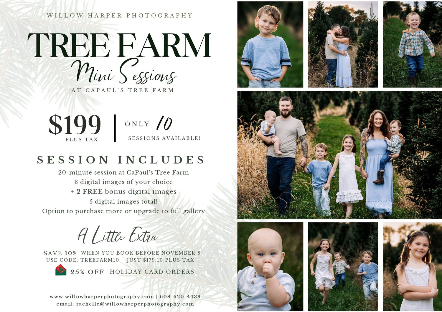 Willow Harper Photography Tree Farm mini sessions flyer with family photos, $199 price, 10 spots, and session details.