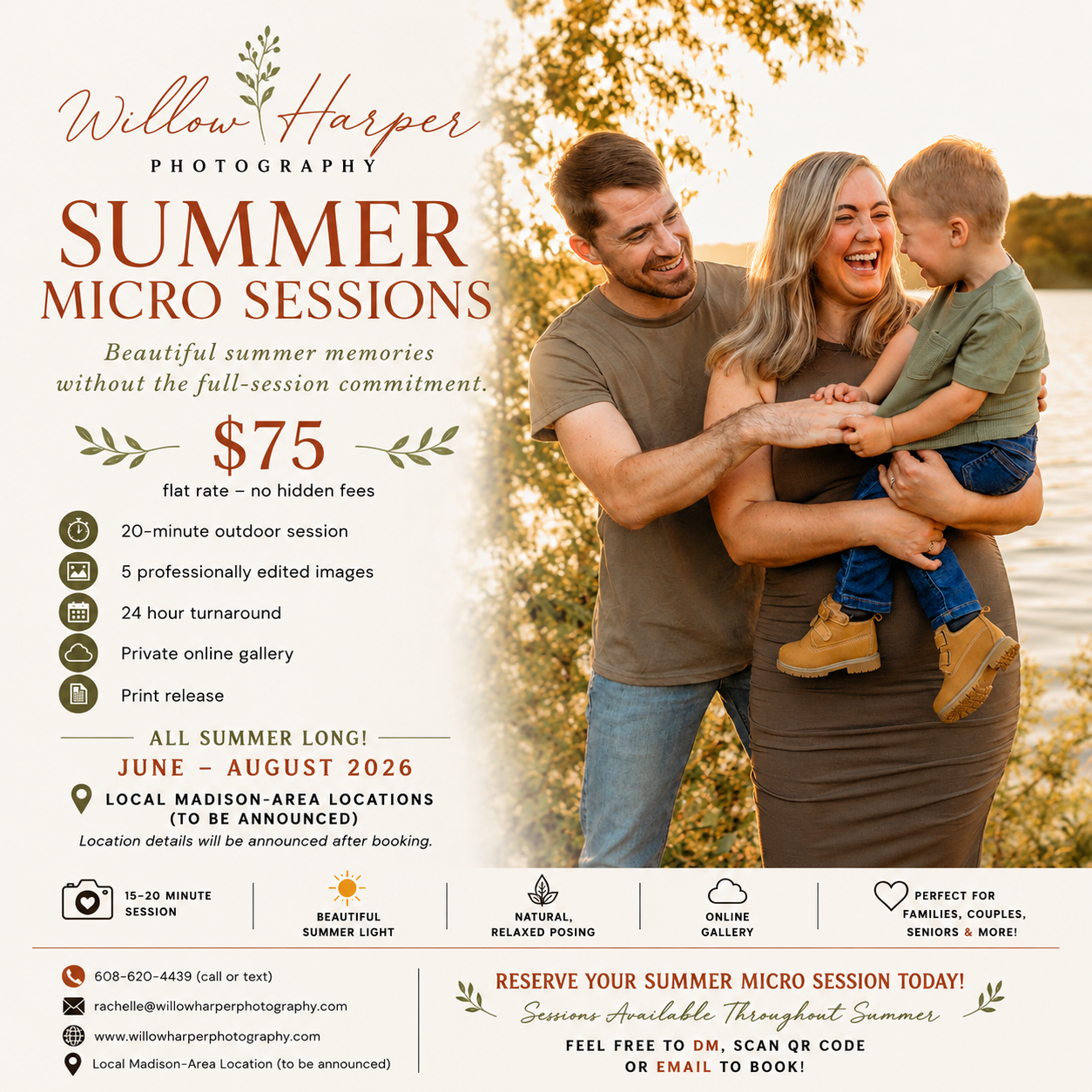 Willow Harper Photography Summer Micro Sessions promotional flyer featuring a joyful family outdoors, $75 flat rate, June-August 2026.