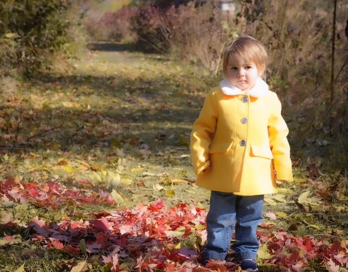 Toddler in bright yellow coat stands outdoors among vibrant red fallen autumn leaves.