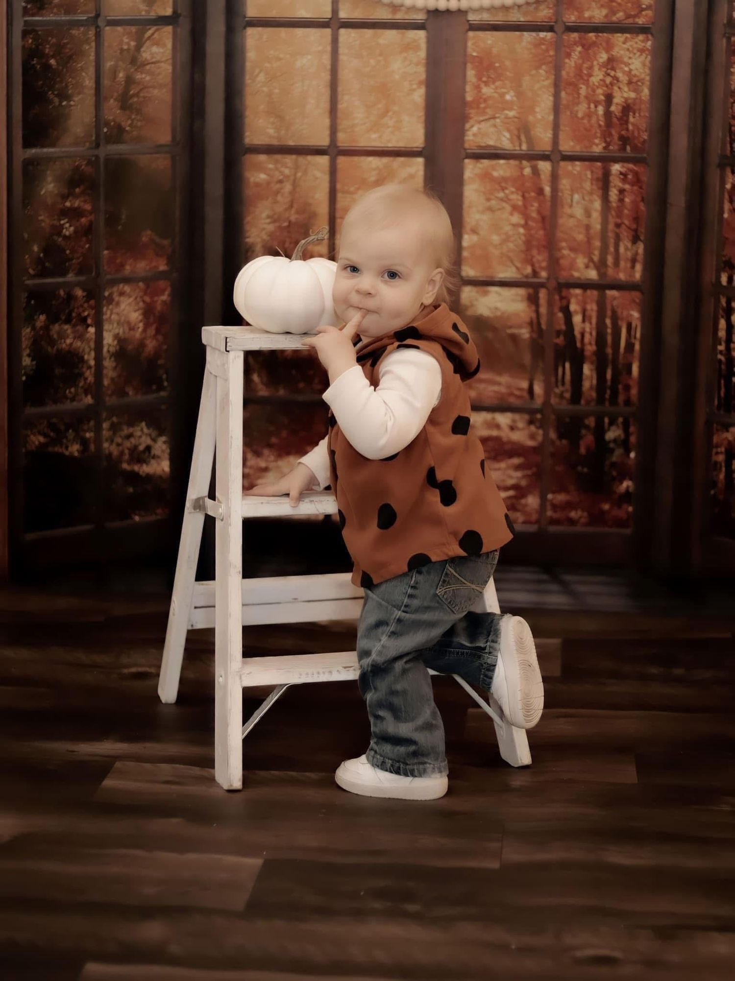 Baby in brown polka dot vest leans against white ladder holding white pumpkin in fall setting.