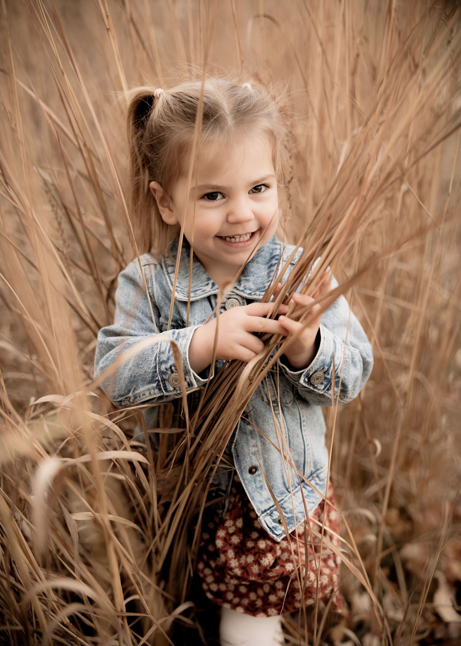 Adorable smiling little girl in denim jacket holding tall dried grass stalks in autumn field.