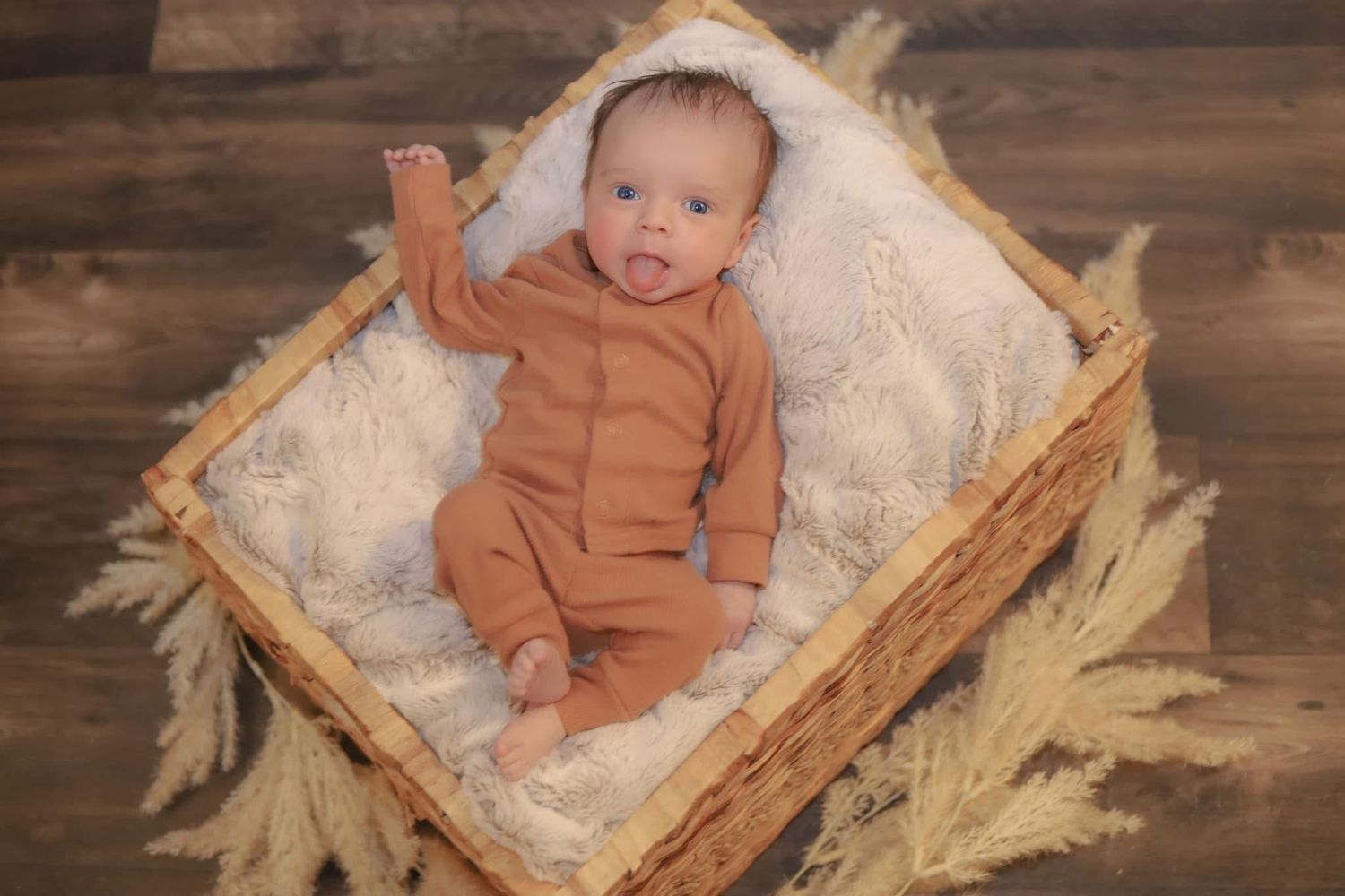 Newborn baby in rust onesie lays on fluffy white blanket inside wicker basket with pampas grass.