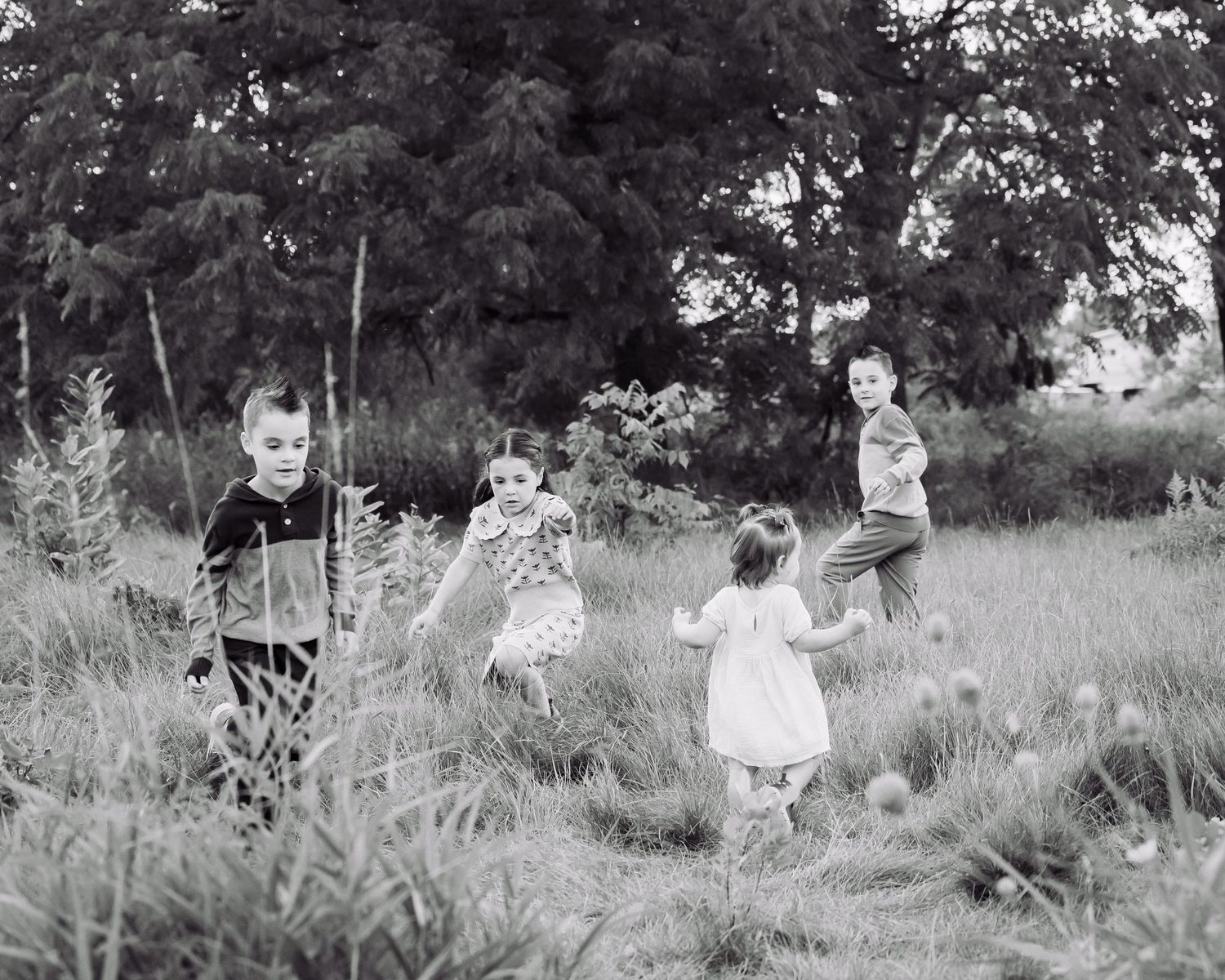 Black and white photo of four young children playing together in a grassy meadow with trees in the background.