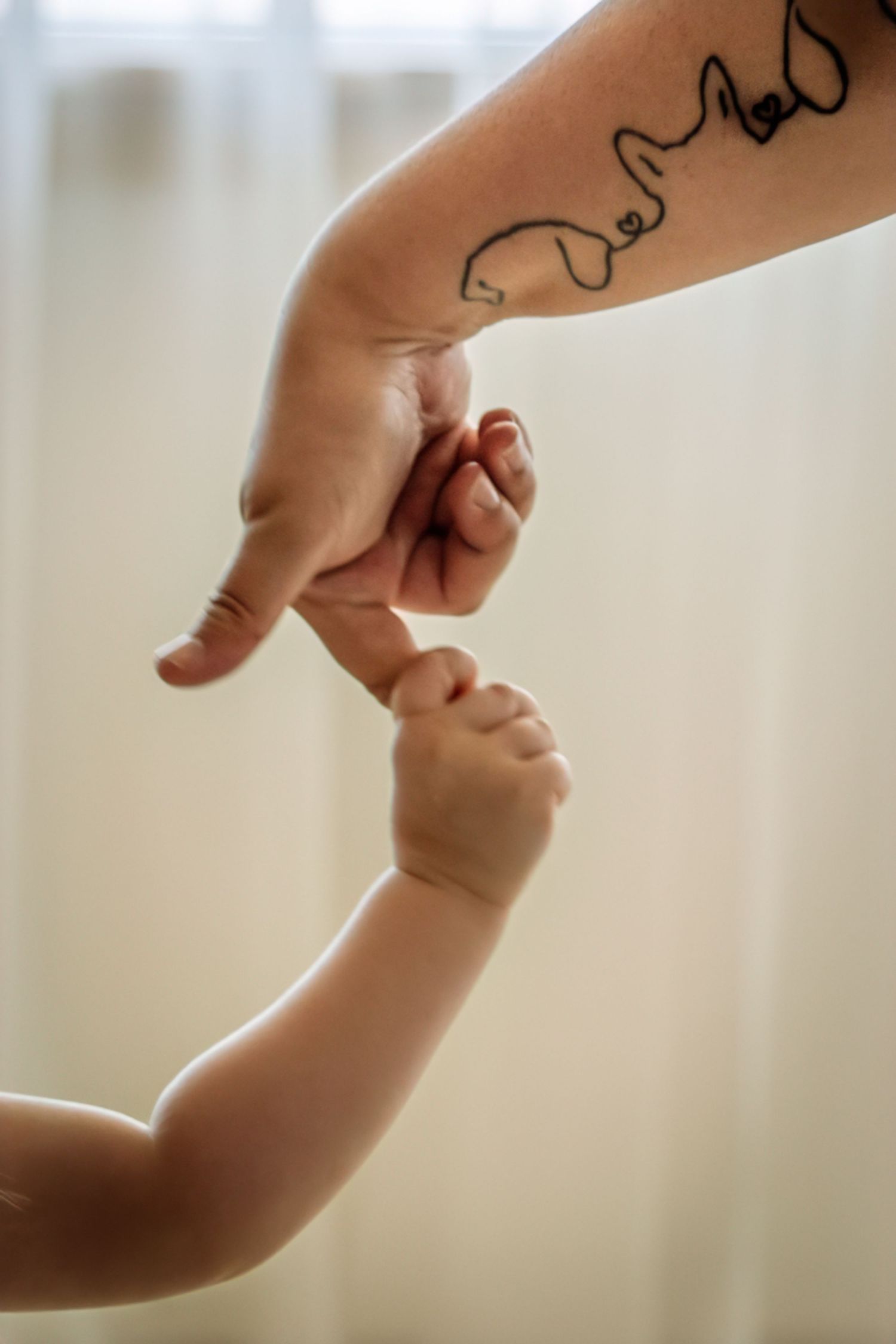 Close-up of a tattooed parent's hand holding a tiny baby's finger against a soft white background.
