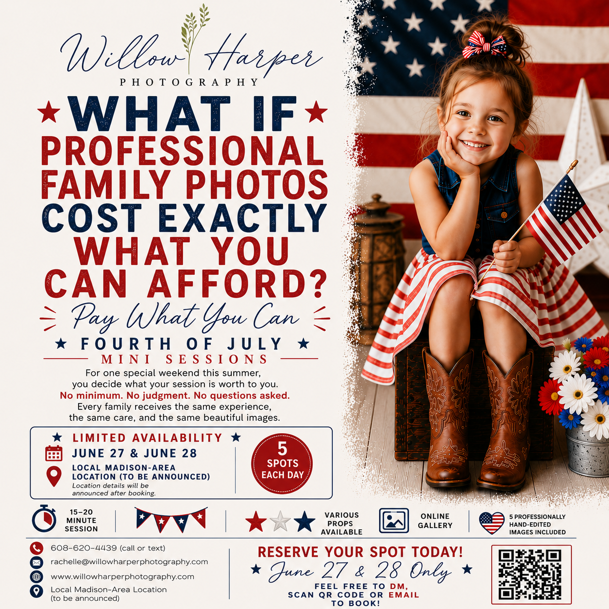 A young girl in patriotic attire holds American flags at a Fourth of July Pay What You Can family photo mini session.