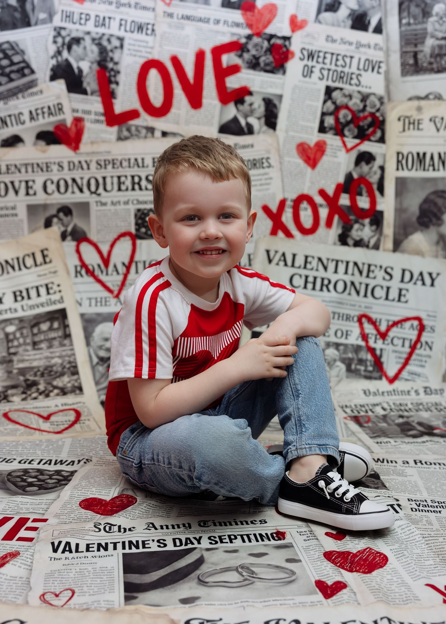 Young boy sits cross-legged on Valentine's Day newspaper backdrop with LOVE and XOXO signs.