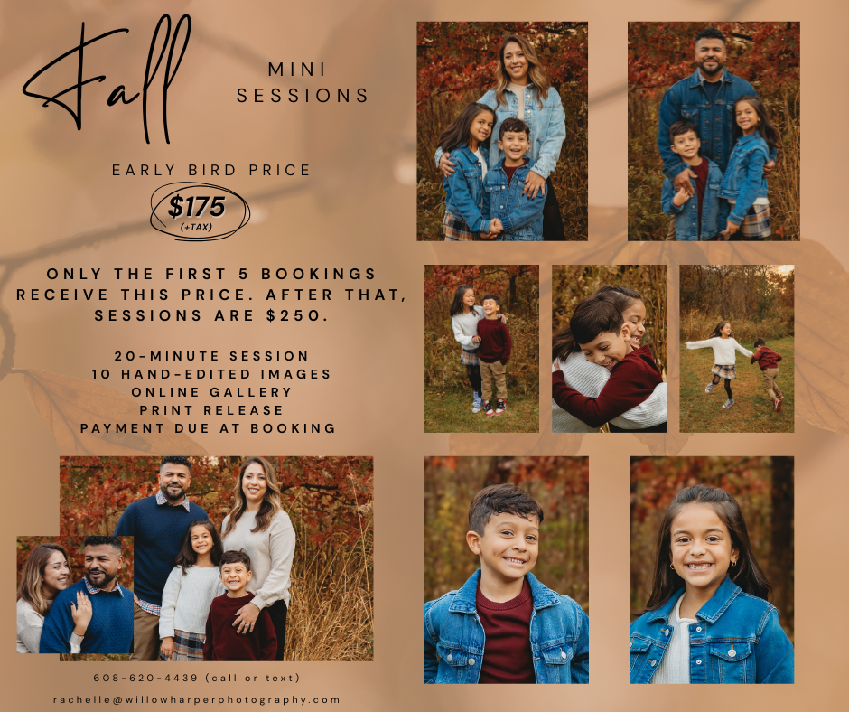 Fall mini session photography promotional flyer featuring family portraits in autumn outdoor settings with warm seasonal colors.