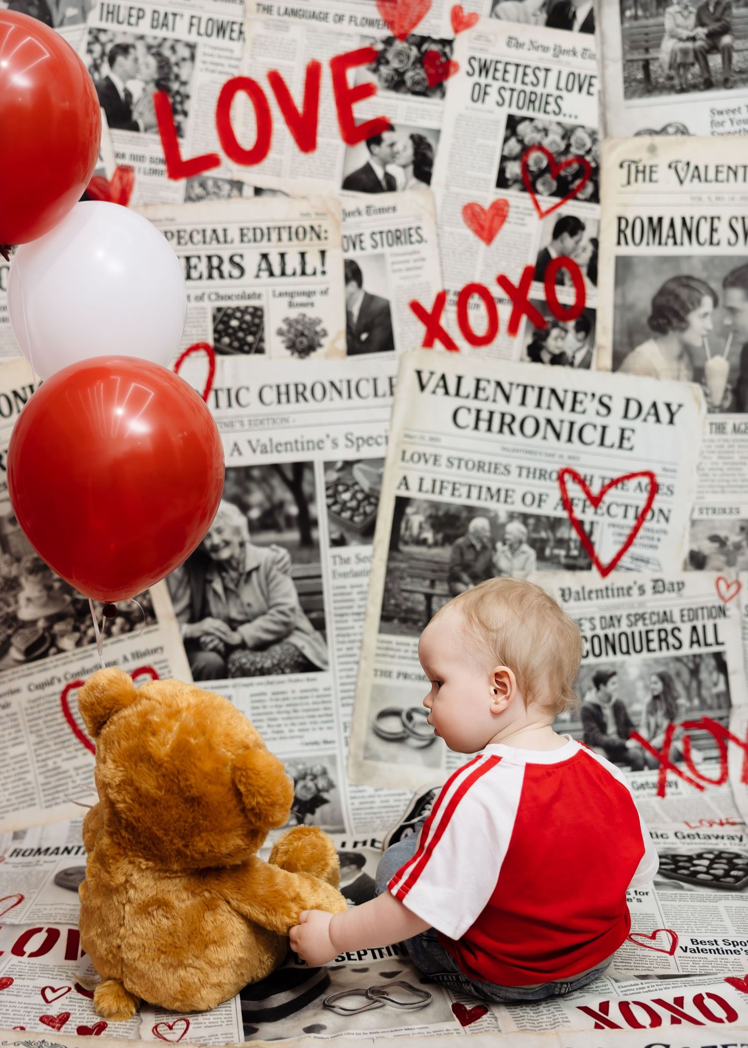 Baby boy sits facing Valentine's Day newspaper backdrop with teddy bear and balloons.